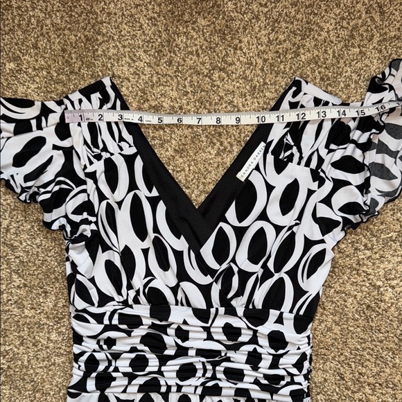 Sandra Darren Black and White, Wrap Over Bodice, Ruched Waist, Midi Dress - Picture 10 of 16